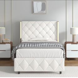 Twin Bed Frame with Diamond Tufted Headboard, White