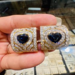 18K YellowGold | Diamonds & Heart Blue Sapphire Earrings 