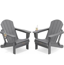SERWALL Folding Adirondack Chair with Cup Holder Set of 2, All Weather Adirondack Chairs, Fire Pit Chairs for Patio Garden Outdoors Fire Pit - Gray br
