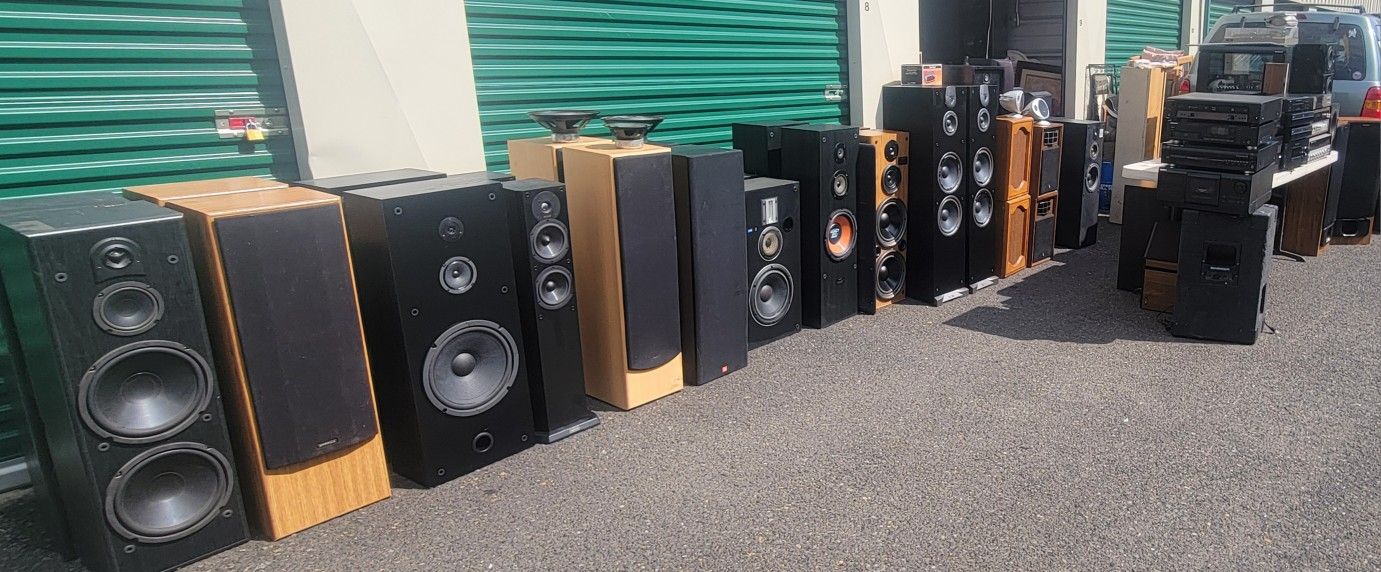 Lots of speakers, stereo equipment, DVD players, and more
