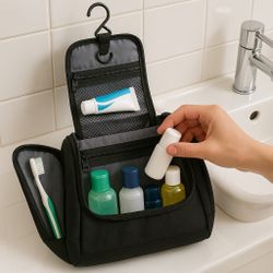 Vintage 1990s Ballistic Nylon Hanging Toiletry Bag Black Travel Organizer, 9x6x10”