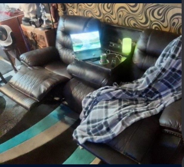 Brown Leather Recliner Couch W/ USB & Cupholders