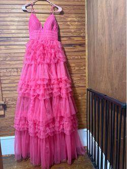 Hot Pink Sparkly Tiered Tulle Prom Dress Size 2 – Ruffle Ball Gown