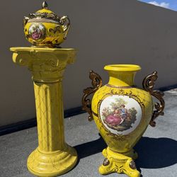 Vintage Sevres Style Yellow Porcelain Urn & Pedestal Vase Set – Romantic Scene Gold Decor  