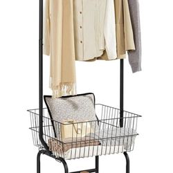 Rolling Laundry Bakset with Wheels, Laundry Cart with Hanging Rack, Metal Laundry Hamper Basket Butler Cart with Wheels and Wire Storage Rack