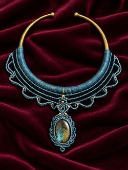 💙 Blue Macramé Statement Necklace with Iridescent Stone Pendant