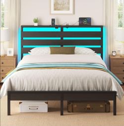🔥🔥🔥QUEEN Size Bed Frame USB Charging Station, LED, Wood Storage Headboard, Sturdy