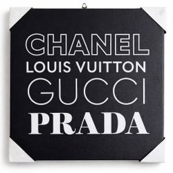 Designer Fashion Names Typography Canvas Wall Art Black White 16” Square NEW