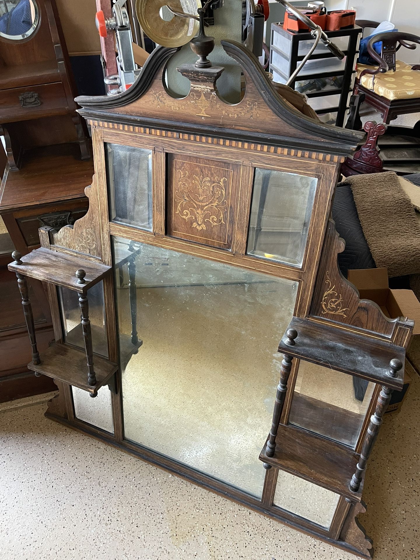 Stunning antique solid wood Edwardian style overmantel mirror with shelves and intricate detailing