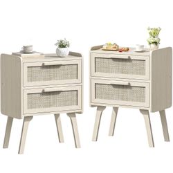 Rattan Nightstands Set of 2, Boho Night Stand with 2 Drawers, Cane Accent Side End Table, Bedside Table with Solid Wood Legs for Bedroom, Dorm and Sma