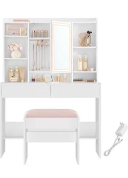 Vanity Desk with Mirror and Lights, Makeup Vanity with Upholstered Vanity Stool, Dimmable LED Lights, Adjustable Shelves, 7 Compartments, 2 Drawers, f