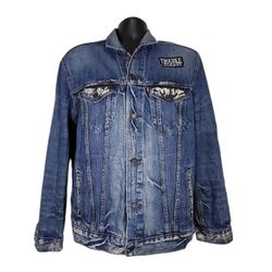 Levi's Jacket Mens Large Blue Trucker Denim Biker embroidered patches 72334