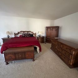 Vintage Bedroom Set - King Bed, Wardrobe, Nightstand, Headboard, Mirror