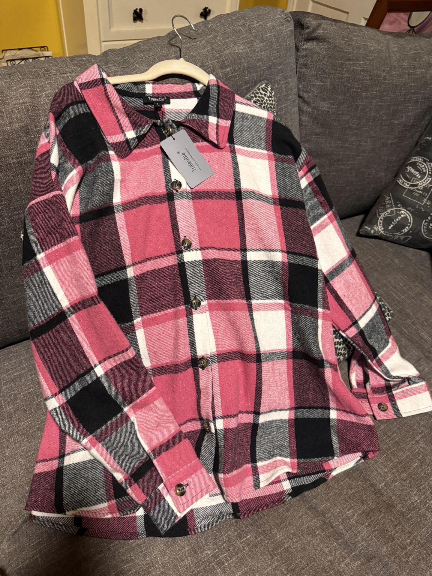 Brand New With Tags PINK & BLACK PLAID FLANNEL SHACKET Size Large, Relaxed Fit, Shirt + Jacket = Shacket,
