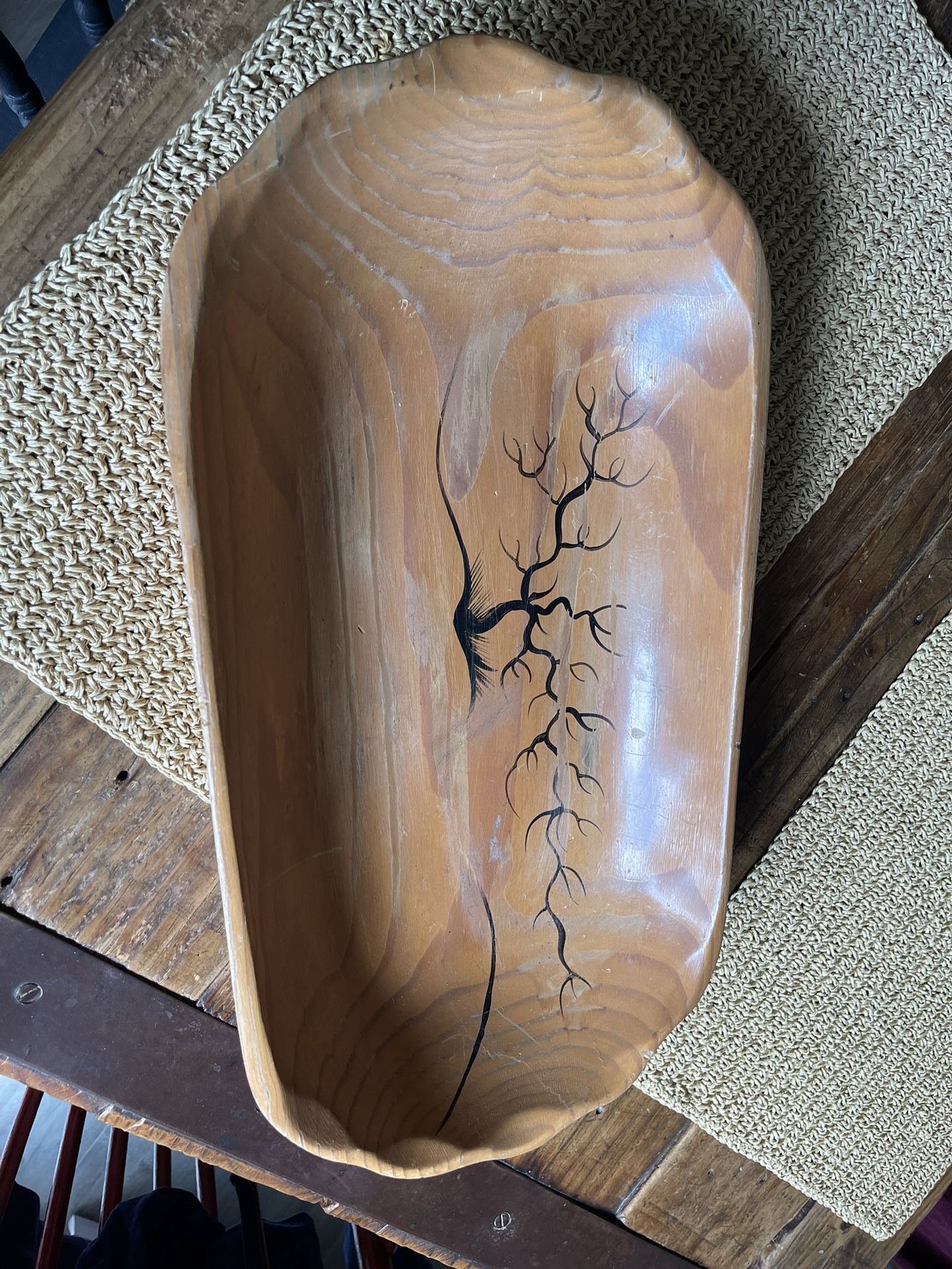 Solid Wood Carved Bowl With Painted Tree 