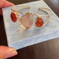 Rose Quartz  And  Carnelian  Cuff  Bracelet  Size  7.5