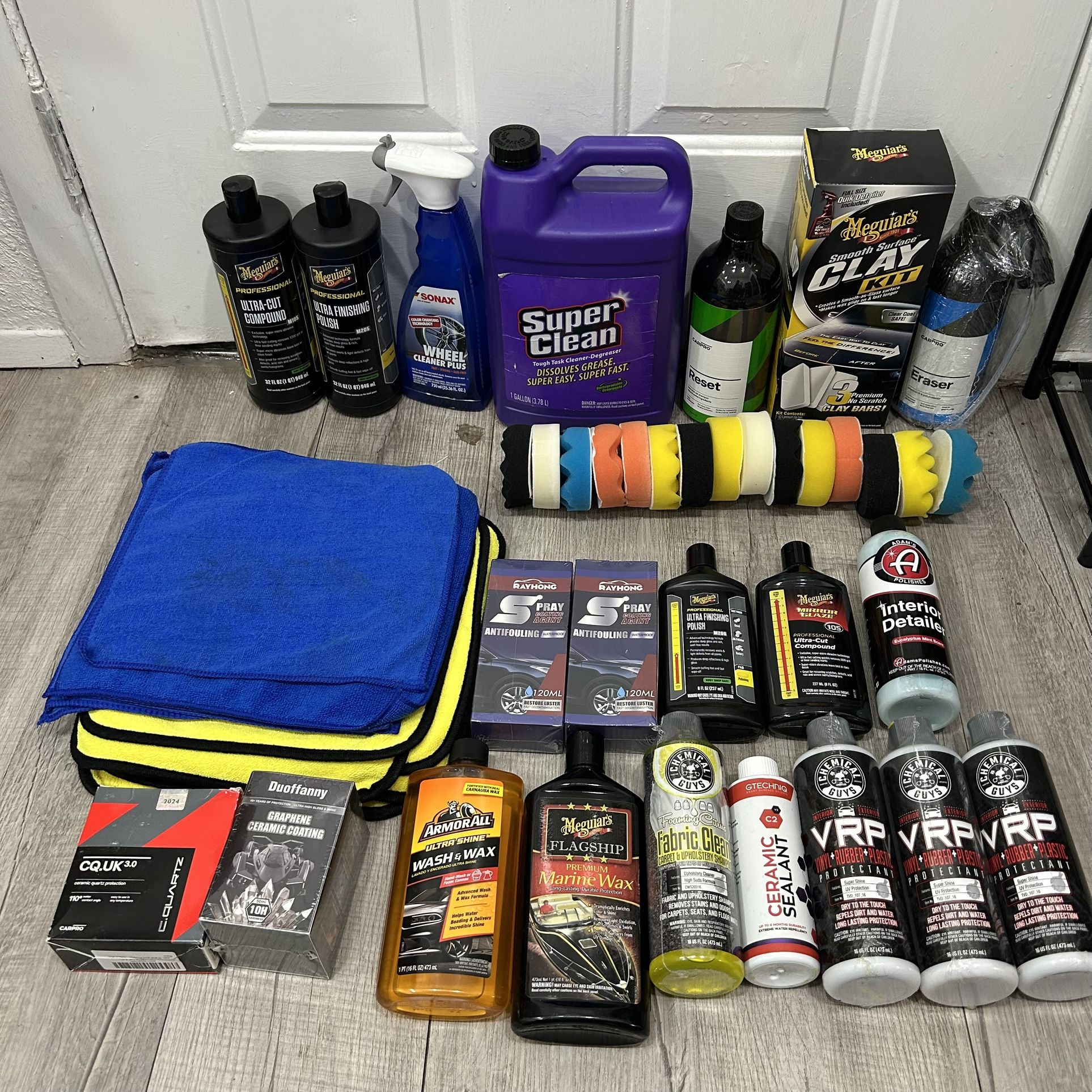 Car detailing fluids, chemicals and micro fiber towels