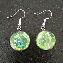 Green faux opal round silver dangle earrings with silver hooks new