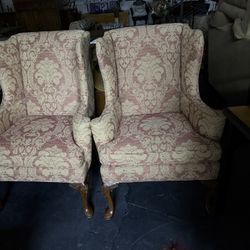 Beautiful Vintage Wingback Chairs – Set of 2. Sturdy, comfortable, and upholstered in damask pattern