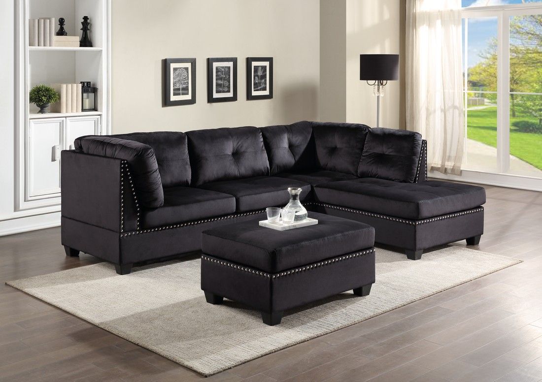 Sienna - Black Velvet Sectional + Ottoman Set fast delivery