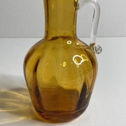 VTG Art Glass Amber Glass Pitcher Vase Applied Crystal Handle Hand Blown 5” Tall