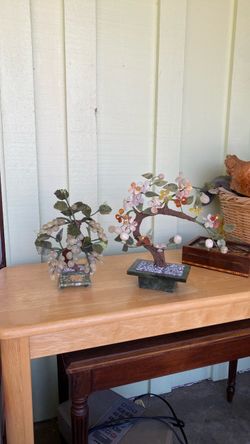 Two Vintage Asian jade hard stone & shell floral decorative