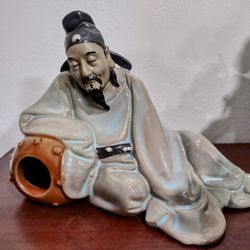 5" H x 7" W-Vintage Wanjang Mudman Figure Sleeping Man ,Chinese ,Turquoise, signed.