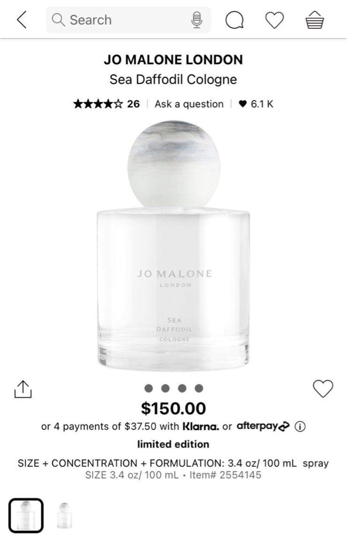 Jo Malone Sea Daffodil Cologne 3.4oz 100ml for Sale in Washington