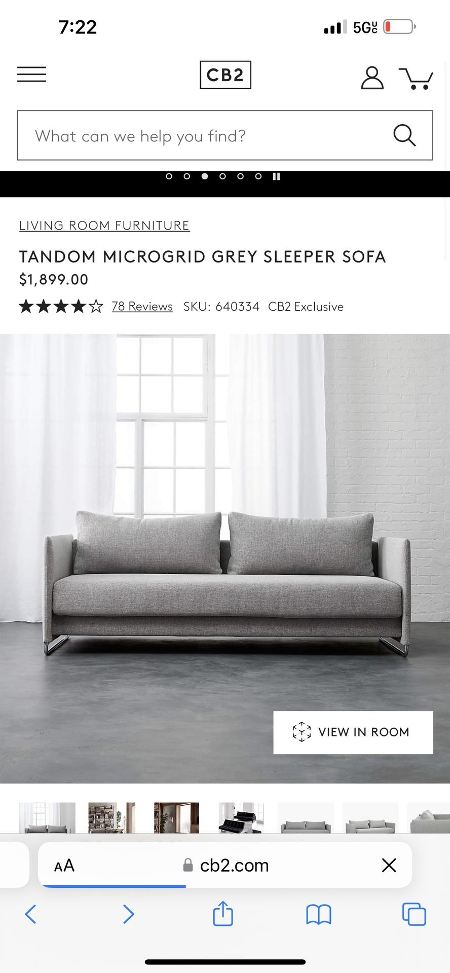 CB2 Tandom Microgrid Grey Sleeper Sofa