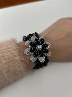 Lia Sophia 3-layer black beaded bracelet with silver rhinestone flower