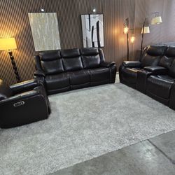 3 PIECE - Harvey Real Leather Power Reclining Sofa/Loveseat/Chair with Power Headrests
