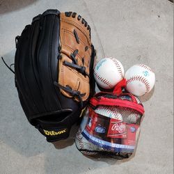 Wilson Adult Baseball Glove/Baseballs - New 