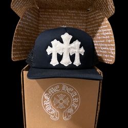 Chrome Hearts Black White Calf Hair Triple Cemetery Cross Patches Trucker Hat