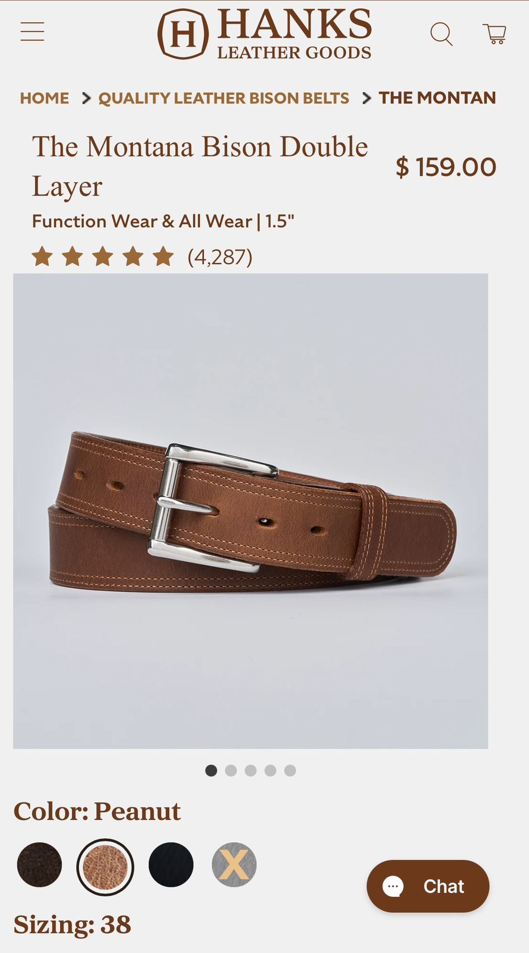 Hank's Montana Bison Belt Sz 38