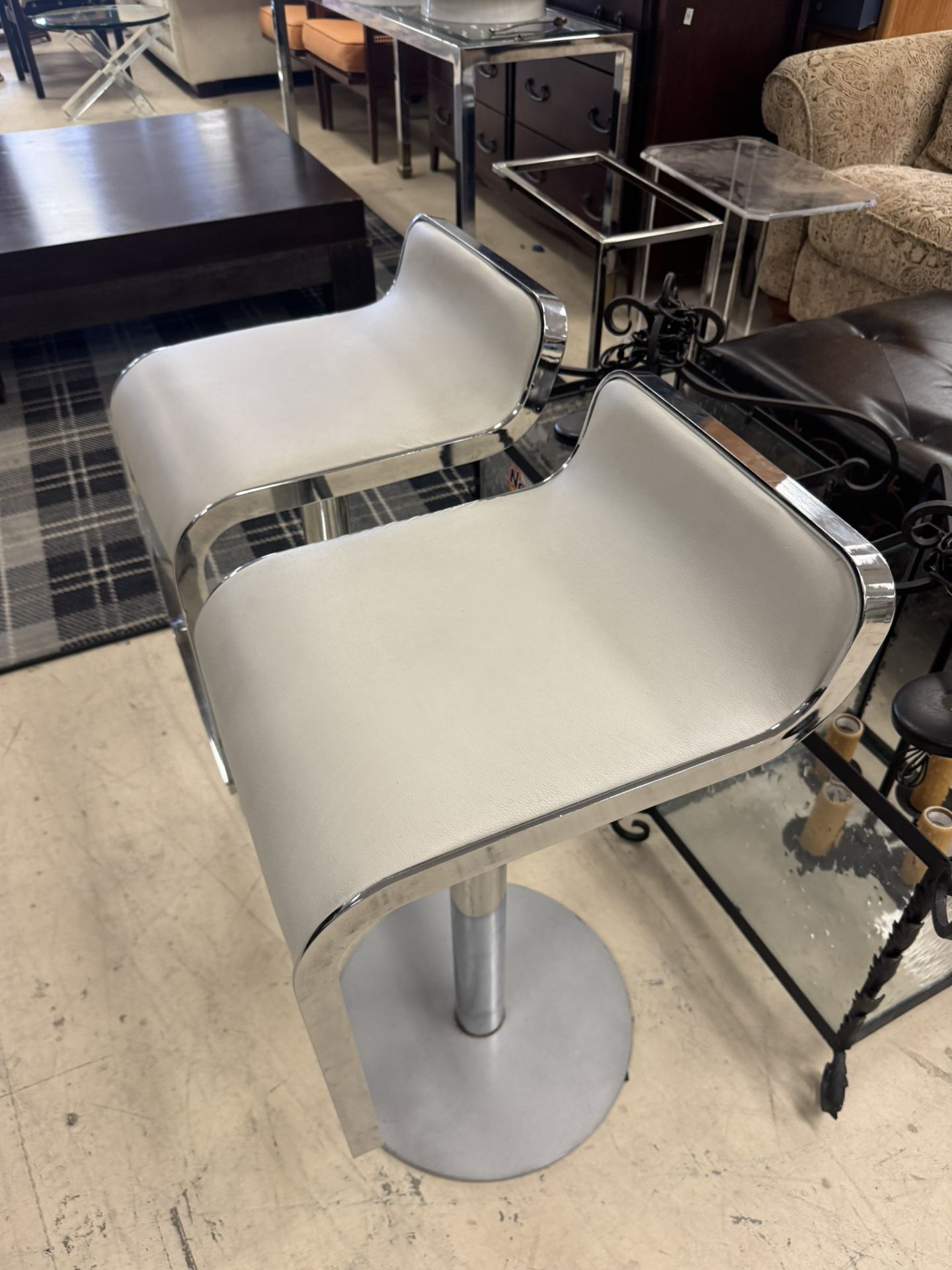 Pair Of Leather Low Back Metal Adjustable Swivel Bar Stools