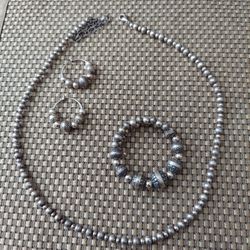 Set Of 3 Pzs Sterling Silver Necklace, Adjustable Bracelet, Earrings (Used)