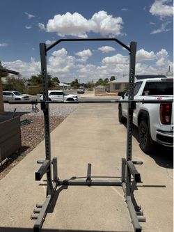 Squat rack, bar and bench