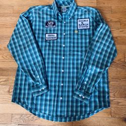 NWOT Cinch S/ M Mens Blue Rodeo shirt with patches from Double N Ranch, Odessa Hardware & more