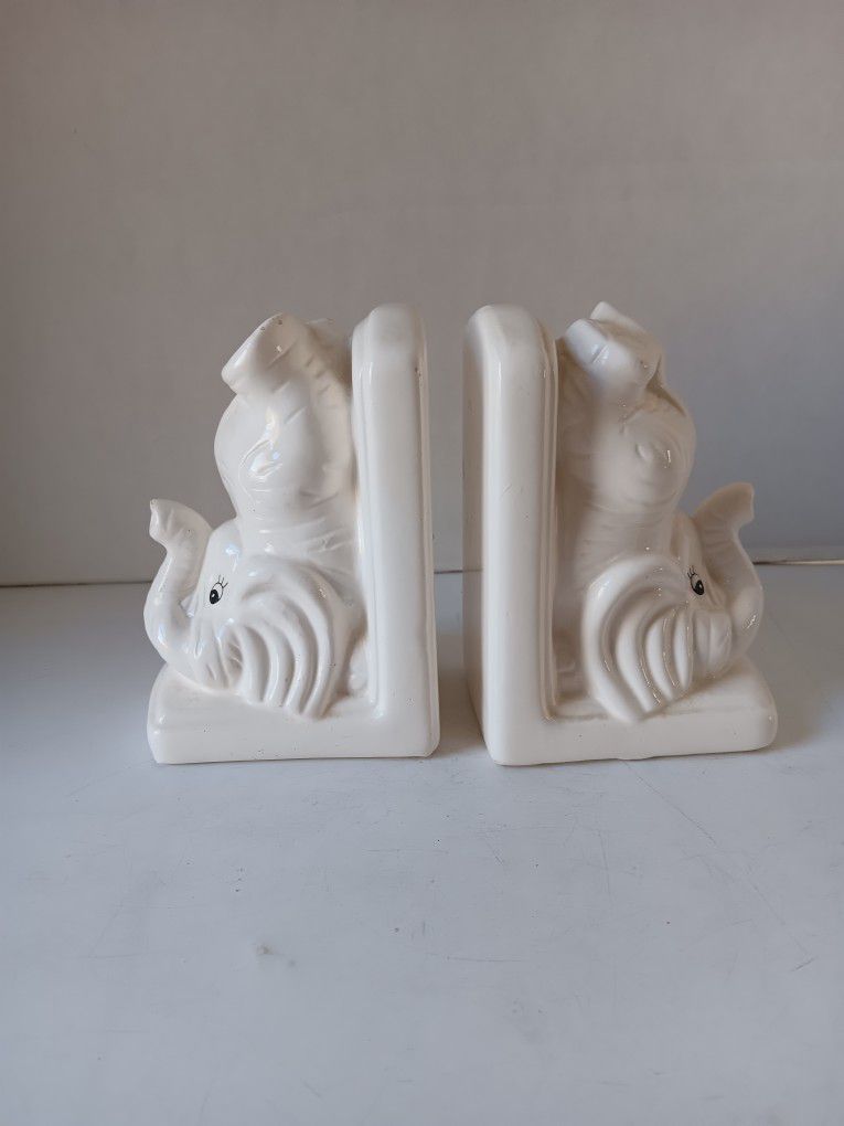 Bookends White Ceramic Elephant Animal Trunk Up Bookend Pair 