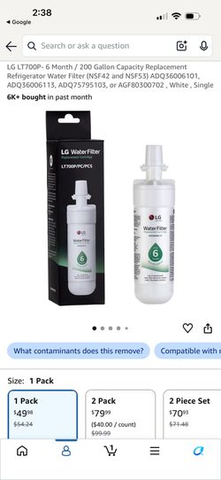 LG LT700P- 6 Month / 200 Gallon Capacity Replacement Refrigerator Water Filter (NSF42 and NSF53) ADQ1, ADQ3, ADQ3, or AGF2