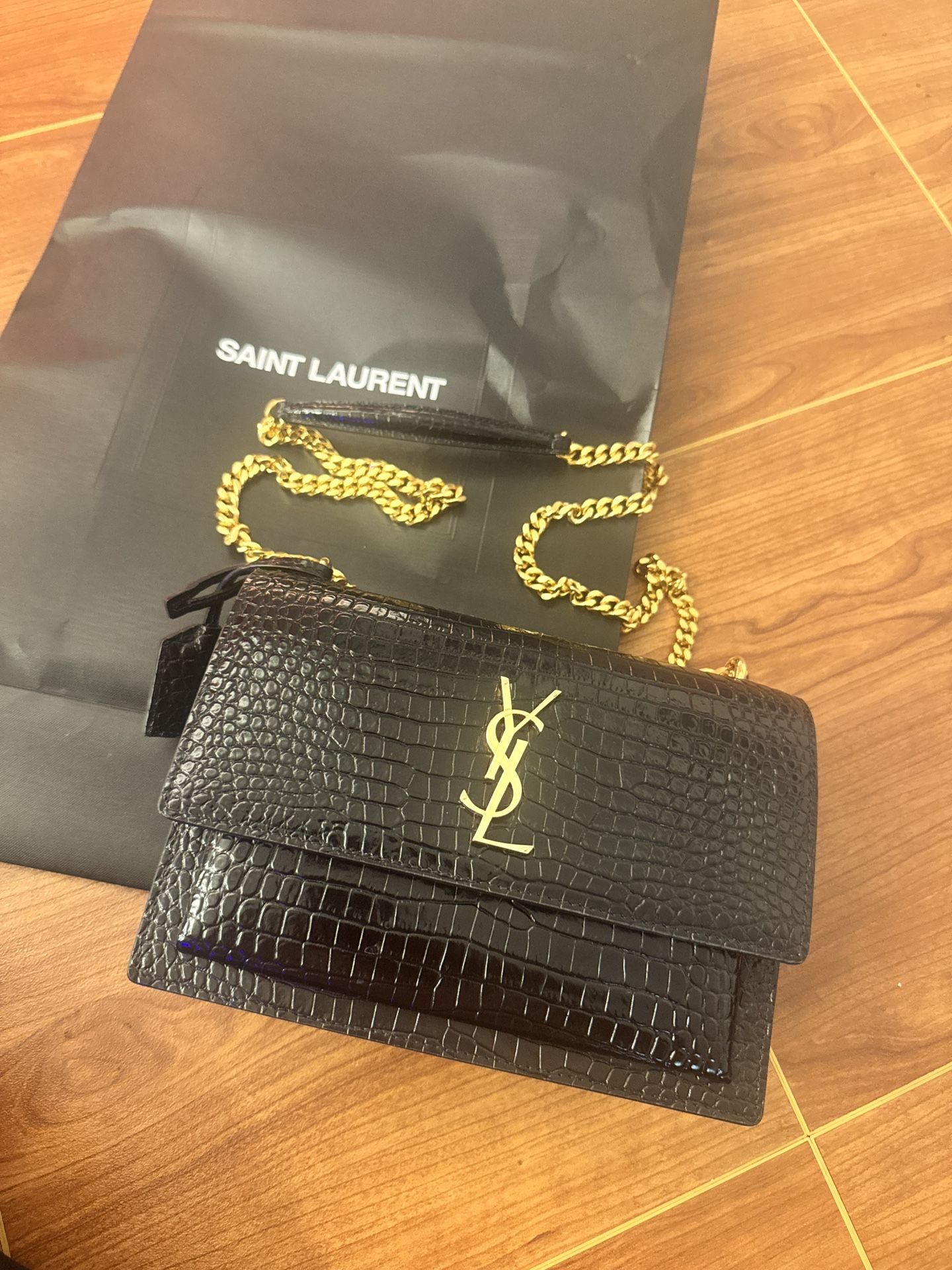 YSL Crocodile Embossed Leather 24k Gold Plated Chain