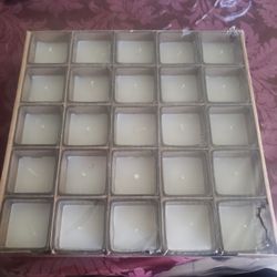 25 pack of mini square glass white candles, brand new in original package