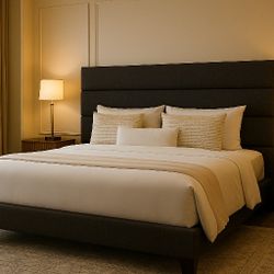 King Bed Frame Platform Bed with Fabric Upholstered Headboard and Wooden Slats Support, Fully Upholstered Mattress Foundation/No Box Spring Ne