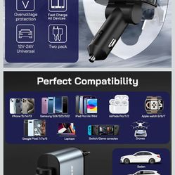 Brand: DERANOR

[2 Pack] Retractable Car Charger 4 in 1 Fast Car Phone Charger 69W, USB C Car Truck Accessories Adapter with 2X Retractable Charger Co