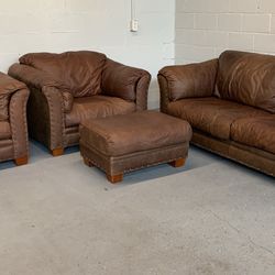 4 Piece Genuine Leather Sofa / Couch / Arm Chair / Ottoman By Broyhill