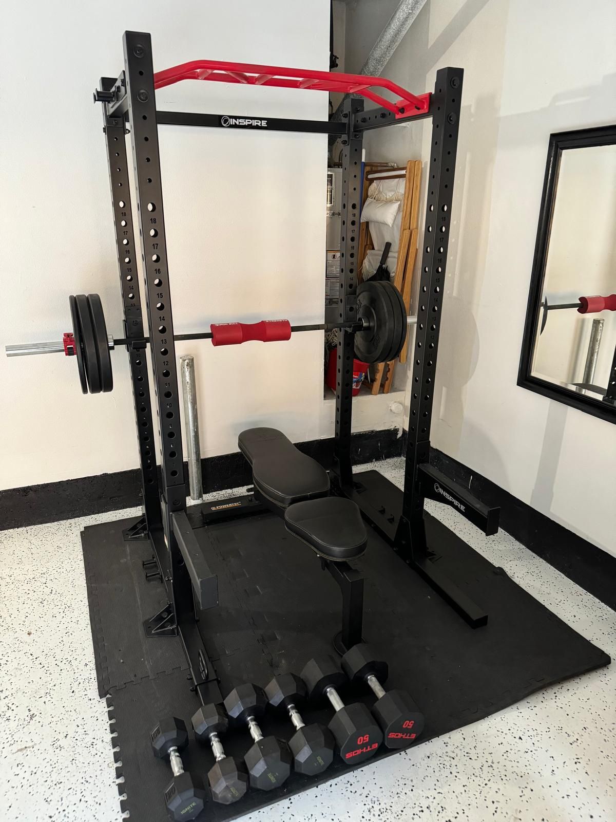 Home gym, Bench, Barbell And Weights, Cage , Squat Rack