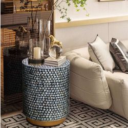 Bone Inlay Handmade Geometric Patterned Stool/Nightstand/ Corner Table