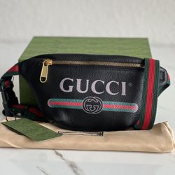 Black Logo Print Leather Belt Bag