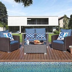 4pc Outdoor Patio Furniture Set dark brown Wicker With Blue Cushions New