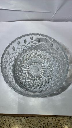 Large Heavy Vintage Glass  Serving Bowl W. Crystal-cuts, 8" wide x 3.5" Tall